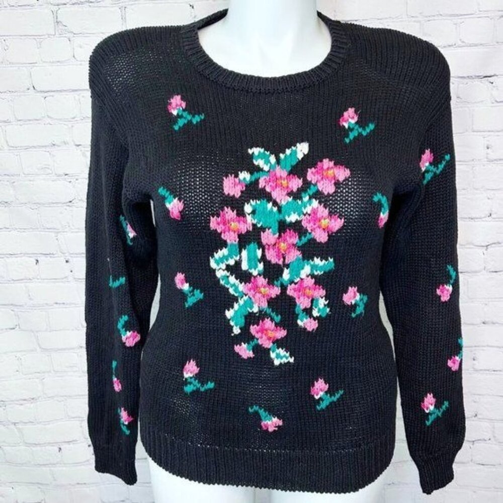 VINTAGE MICHELLE STUART FLORAL KNIT 80s SWEATER - MEDIUM